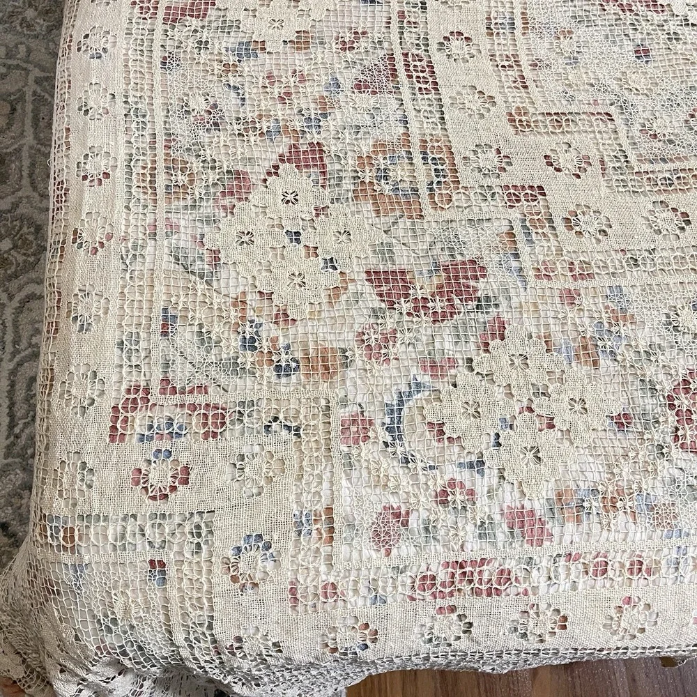 Vtg Cream Ivory Lace Bedspread Boho Floral Medallion‎ Fringe King 105x90 Granny